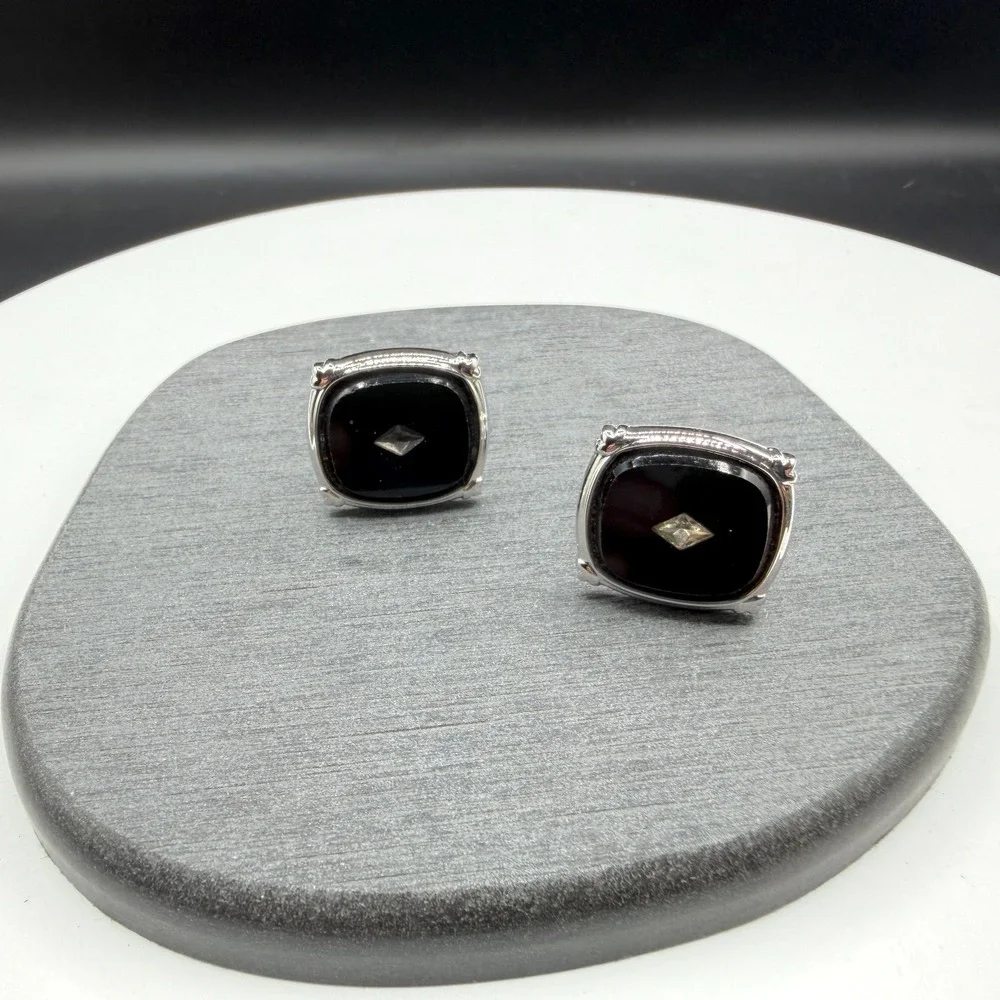 Black Stone Cufflinks Silver Tone Square Rhinestone Formal Wedding Gift for Him